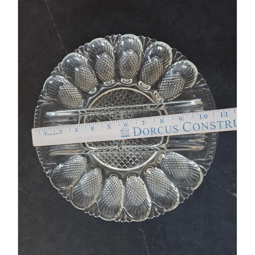 Vintage Clear Pressed Glass Deviled Egg Platter Diamond Point Scalloped Tray 10